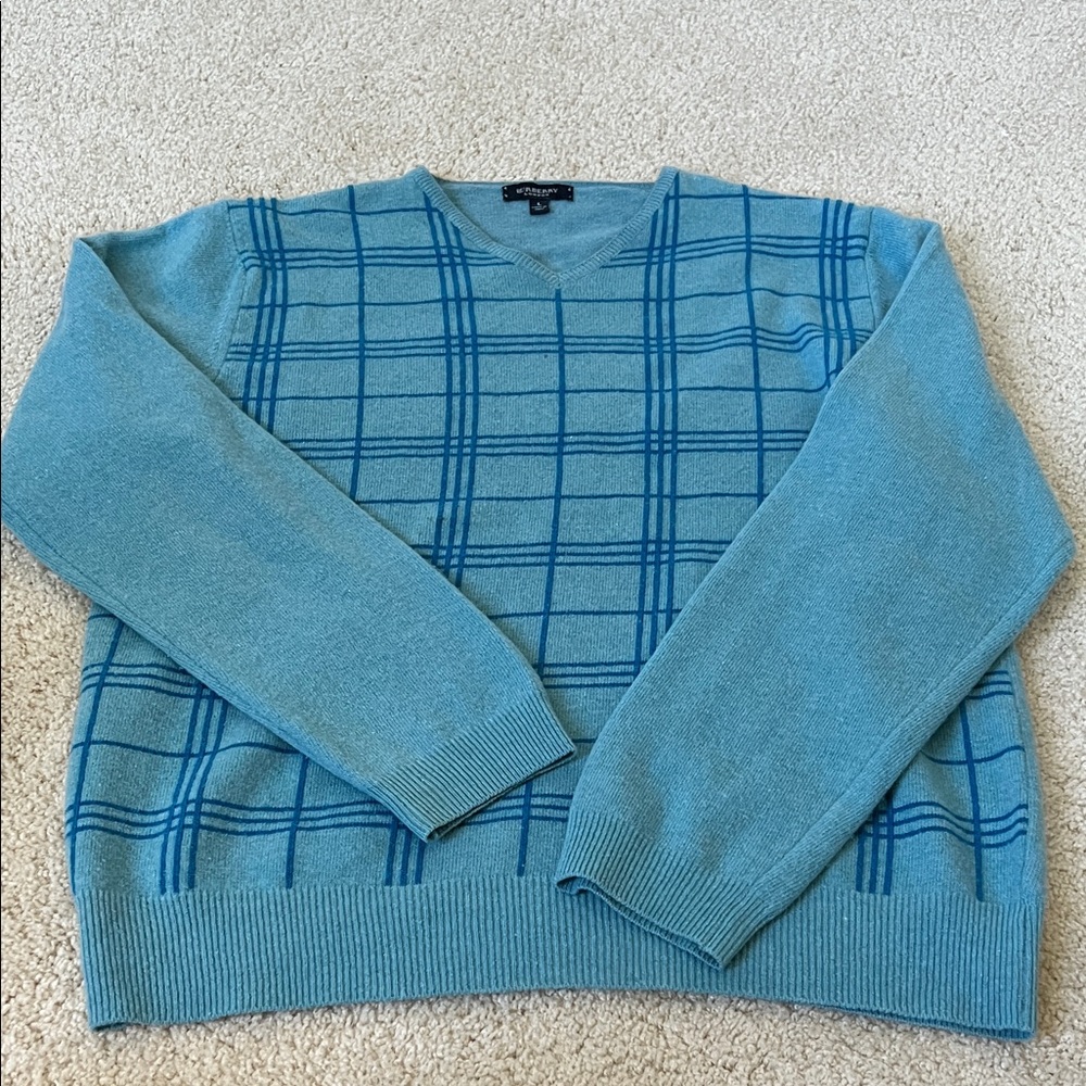 Burberry Blue Plaid V-Neck Sweater
